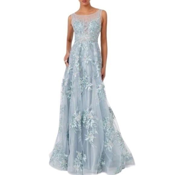 Maxi Gown Backless Light Blue Sz S Illusion Neckline Light Blue Lace Maxi Dress - Picture 1 of 10